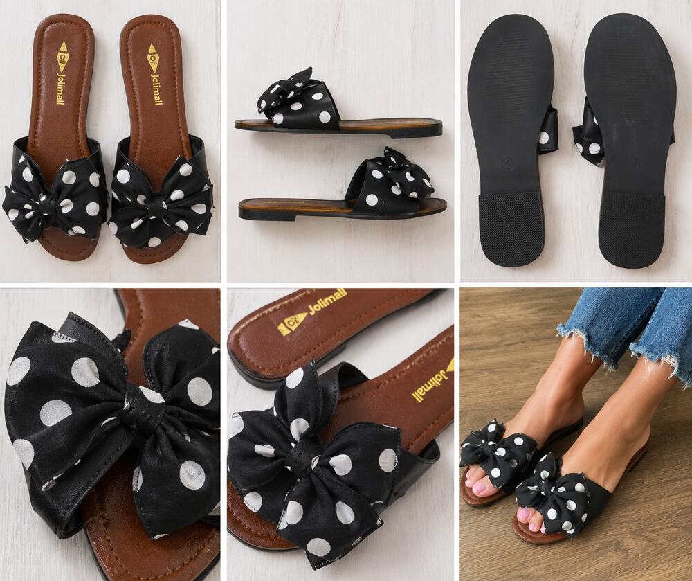 Jolimall Women's Polka Dot Bow Slide Sandals – Black/White – Size 10
